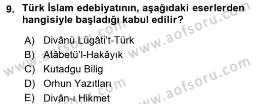 Türk İslam Edebiyatı Dersi 2015 - 2016 Yılı (Vize) Ara Sınav Soruları 9. Soru