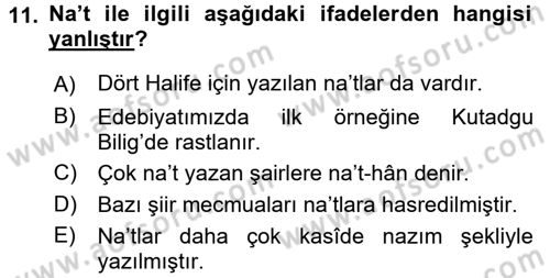 Türk İslam Edebiyatı Dersi 2015 - 2016 Yılı (Final) Dönem Sonu Sınav Soruları 11. Soru