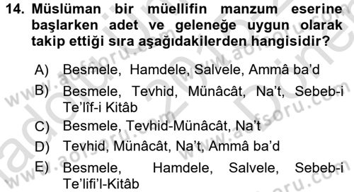 Türk İslam Edebiyatı Dersi 2015 - 2016 Yılı (Final) Dönem Sonu Sınav Soruları 14. Soru