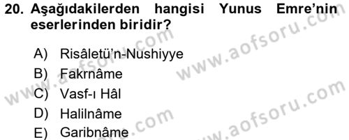 Türk İslam Edebiyatı Dersi 2015 - 2016 Yılı (Final) Dönem Sonu Sınav Soruları 20. Soru