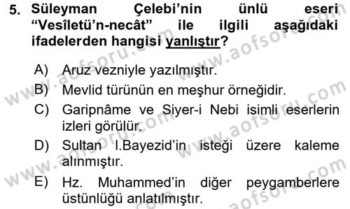 Türk İslam Edebiyatı Dersi 2015 - 2016 Yılı (Final) Dönem Sonu Sınav Soruları 5. Soru