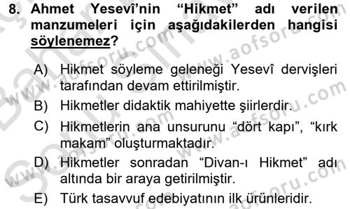 Türk İslam Edebiyatı Dersi 2015 - 2016 Yılı (Final) Dönem Sonu Sınav Soruları 8. Soru