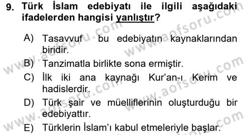 Türk İslam Edebiyatı Dersi 2015 - 2016 Yılı (Final) Dönem Sonu Sınav Soruları 9. Soru