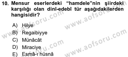 Türk İslam Edebiyatı Dersi 2015 - 2016 Yılı Tek Ders Sınav Soruları 10. Soru