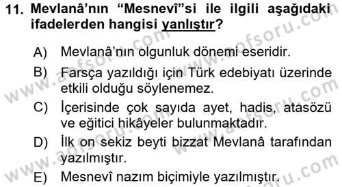 Türk İslam Edebiyatı Dersi 2015 - 2016 Yılı Tek Ders Sınav Soruları 11. Soru
