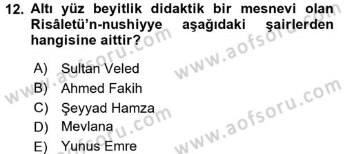 Türk İslam Edebiyatı Dersi 2015 - 2016 Yılı Tek Ders Sınav Soruları 12. Soru