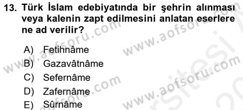 Türk İslam Edebiyatı Dersi 2015 - 2016 Yılı Tek Ders Sınav Soruları 13. Soru