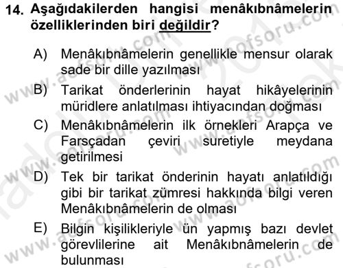 Türk İslam Edebiyatı Dersi 2015 - 2016 Yılı Tek Ders Sınav Soruları 14. Soru