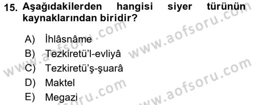 Türk İslam Edebiyatı Dersi 2015 - 2016 Yılı Tek Ders Sınav Soruları 15. Soru