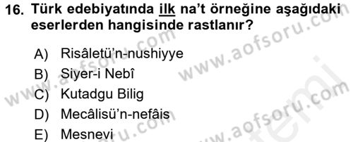 Türk İslam Edebiyatı Dersi 2015 - 2016 Yılı Tek Ders Sınav Soruları 16. Soru