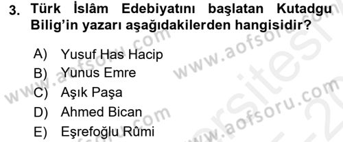 Türk İslam Edebiyatı Dersi 2015 - 2016 Yılı Tek Ders Sınav Soruları 3. Soru