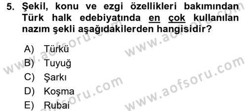 Türk İslam Edebiyatı Dersi 2015 - 2016 Yılı Tek Ders Sınav Soruları 5. Soru
