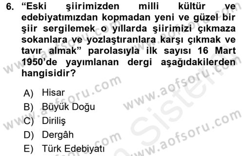 Türk İslam Edebiyatı Dersi 2015 - 2016 Yılı Tek Ders Sınav Soruları 6. Soru