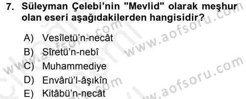 Türk İslam Edebiyatı Dersi 2015 - 2016 Yılı Tek Ders Sınav Soruları 7. Soru