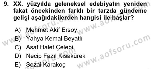 Türk İslam Edebiyatı Dersi 2015 - 2016 Yılı Tek Ders Sınav Soruları 9. Soru