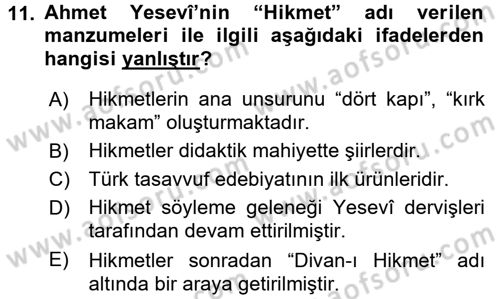 Türk İslam Edebiyatı Dersi 2016 - 2017 Yılı 3 Ders Sınav Soruları 11. Soru