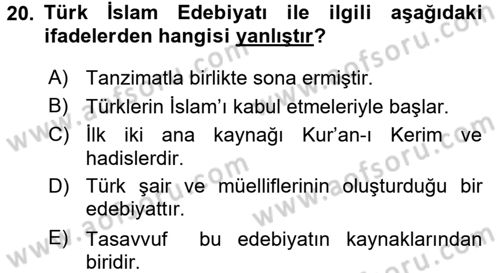 Türk İslam Edebiyatı Dersi 2016 - 2017 Yılı 3 Ders Sınav Soruları 20. Soru