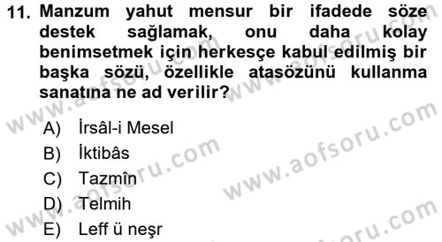 Türk İslam Edebiyatı Dersi 2016 - 2017 Yılı (Vize) Ara Sınav Soruları 11. Soru