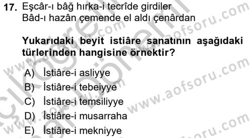 Türk İslam Edebiyatı Dersi 2016 - 2017 Yılı (Vize) Ara Sınav Soruları 17. Soru
