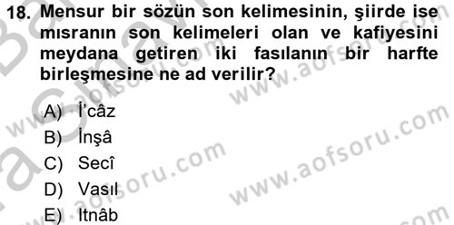 Türk İslam Edebiyatı Dersi 2016 - 2017 Yılı (Vize) Ara Sınav Soruları 18. Soru