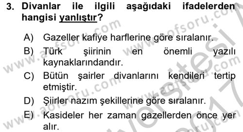 Türk İslam Edebiyatı Dersi 2016 - 2017 Yılı (Vize) Ara Sınav Soruları 3. Soru