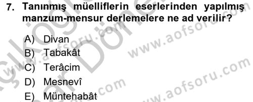 Türk İslam Edebiyatı Dersi 2016 - 2017 Yılı (Vize) Ara Sınav Soruları 7. Soru