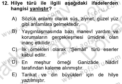 Türk İslam Edebiyatı Dersi 2016 - 2017 Yılı (Final) Dönem Sonu Sınav Soruları 12. Soru