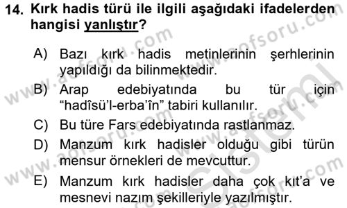 Türk İslam Edebiyatı Dersi 2016 - 2017 Yılı (Final) Dönem Sonu Sınav Soruları 14. Soru