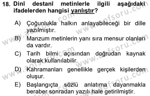Türk İslam Edebiyatı Dersi 2016 - 2017 Yılı (Final) Dönem Sonu Sınav Soruları 18. Soru
