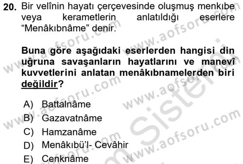 Türk İslam Edebiyatı Dersi 2016 - 2017 Yılı (Final) Dönem Sonu Sınav Soruları 20. Soru