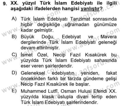 Türk İslam Edebiyatı Dersi 2016 - 2017 Yılı (Final) Dönem Sonu Sınav Soruları 9. Soru