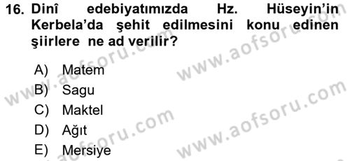 Türk İslam Edebiyatı Dersi 2017 - 2018 Yılı 3 Ders Sınav Soruları 16. Soru