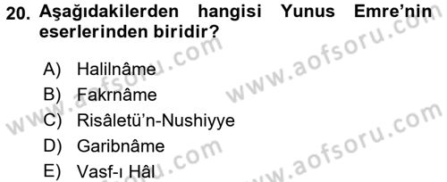 Türk İslam Edebiyatı Dersi 2017 - 2018 Yılı 3 Ders Sınav Soruları 20. Soru