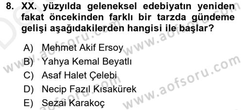 Türk İslam Edebiyatı Dersi 2017 - 2018 Yılı 3 Ders Sınav Soruları 8. Soru