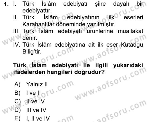 Türk İslam Edebiyatı Dersi 2017 - 2018 Yılı (Vize) Ara Sınav Soruları 1. Soru