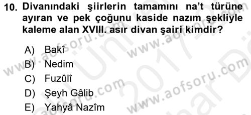 Türk İslam Edebiyatı Dersi 2017 - 2018 Yılı (Vize) Ara Sınav Soruları 10. Soru