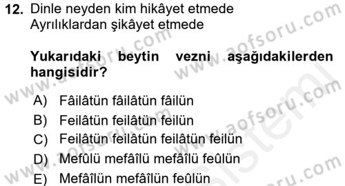 Türk İslam Edebiyatı Dersi 2017 - 2018 Yılı (Vize) Ara Sınav Soruları 12. Soru