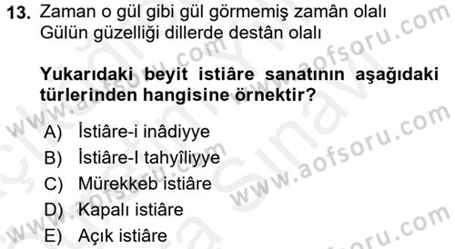 Türk İslam Edebiyatı Dersi 2017 - 2018 Yılı (Vize) Ara Sınav Soruları 13. Soru