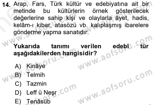 Türk İslam Edebiyatı Dersi 2017 - 2018 Yılı (Vize) Ara Sınav Soruları 14. Soru