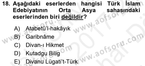 Türk İslam Edebiyatı Dersi 2017 - 2018 Yılı (Vize) Ara Sınav Soruları 18. Soru