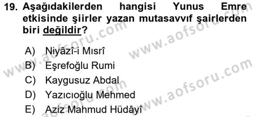 Türk İslam Edebiyatı Dersi 2017 - 2018 Yılı (Vize) Ara Sınav Soruları 19. Soru