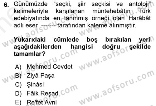 Türk İslam Edebiyatı Dersi 2017 - 2018 Yılı (Vize) Ara Sınav Soruları 6. Soru