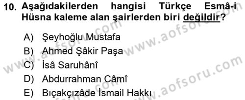 Türk İslam Edebiyatı Dersi 2017 - 2018 Yılı (Final) Dönem Sonu Sınav Soruları 10. Soru