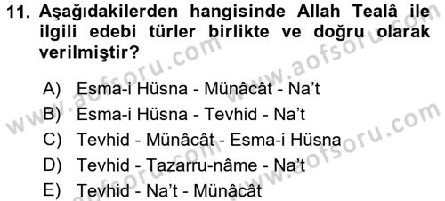 Türk İslam Edebiyatı Dersi 2017 - 2018 Yılı (Final) Dönem Sonu Sınav Soruları 11. Soru