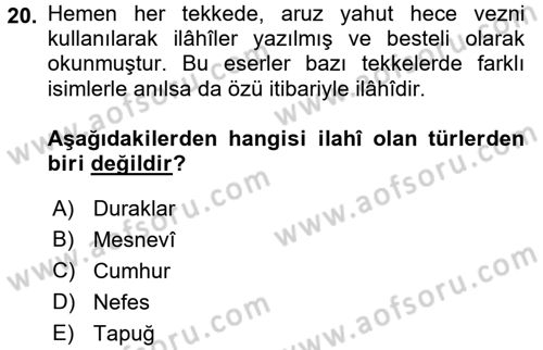 Türk İslam Edebiyatı Dersi 2017 - 2018 Yılı (Final) Dönem Sonu Sınav Soruları 20. Soru
