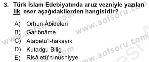 Türk İslam Edebiyatı Dersi 2017 - 2018 Yılı (Final) Dönem Sonu Sınav Soruları 3. Soru