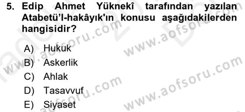 Türk İslam Edebiyatı Dersi 2017 - 2018 Yılı (Final) Dönem Sonu Sınav Soruları 5. Soru
