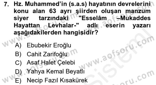 Türk İslam Edebiyatı Dersi 2017 - 2018 Yılı (Final) Dönem Sonu Sınav Soruları 7. Soru