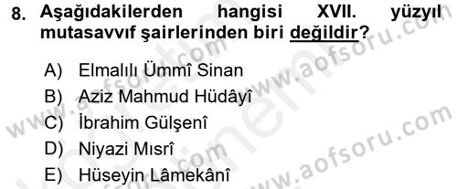 Türk İslam Edebiyatı Dersi 2017 - 2018 Yılı (Final) Dönem Sonu Sınav Soruları 8. Soru
