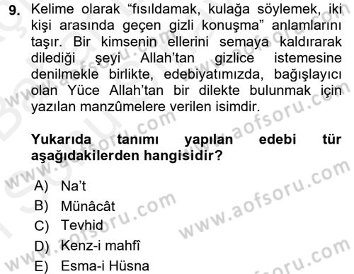 Türk İslam Edebiyatı Dersi 2017 - 2018 Yılı (Final) Dönem Sonu Sınav Soruları 9. Soru